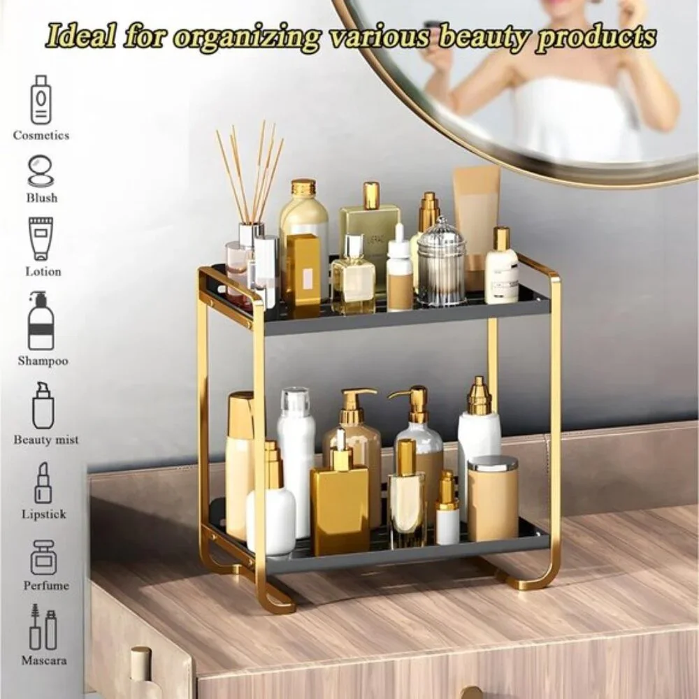 New 2-Tier Black & Gold Skincare Organizer Tray for Vanity & Room Decoration